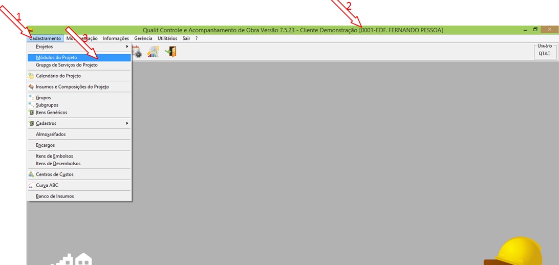 Para importar vamos realizar os seguintes passos com o projeto aberto: Cadastramento | Módulos do Projeto | Importar Excel: