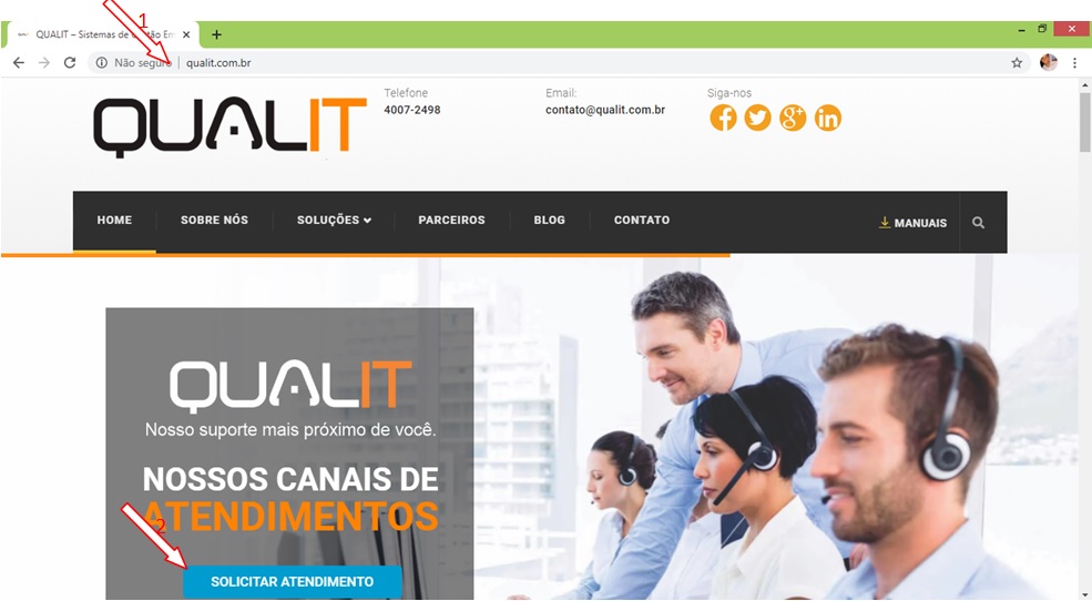 O primeiro passo para abertura do chamado é acessar o site da Qualit: http://www.qualit.com.br/ siga os passos abaixo: