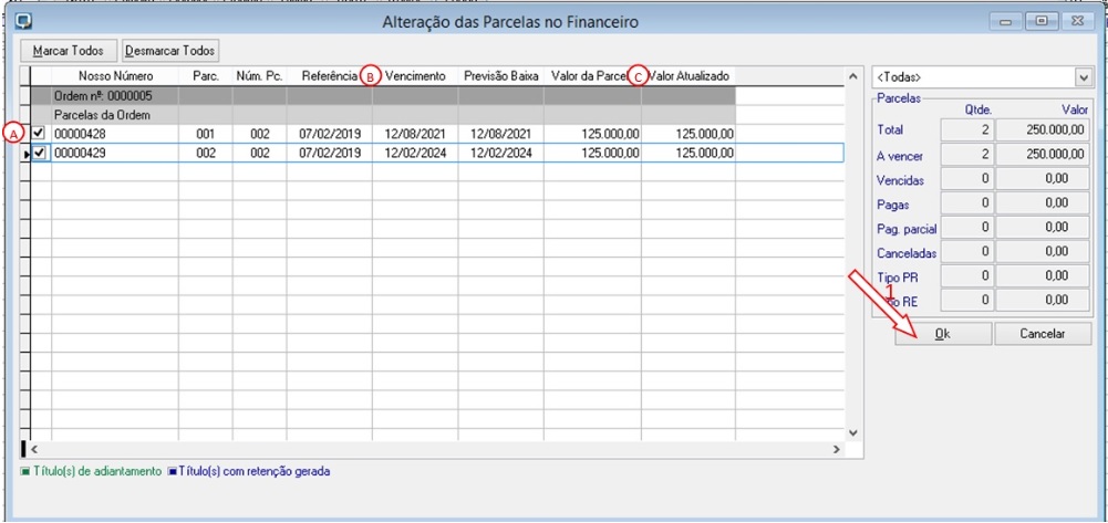 Então a tela de atualização das parcelas é apresentada: