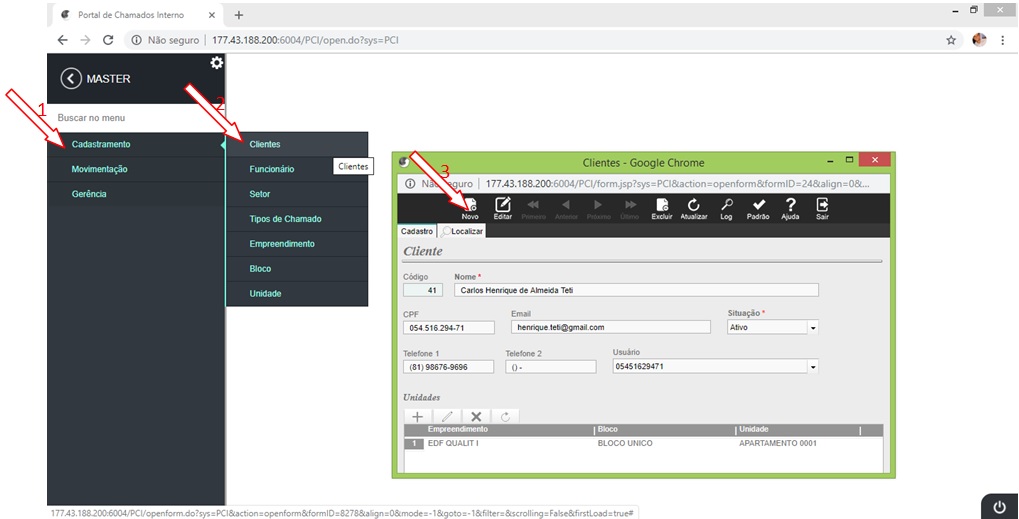 Para cadastrar um novo cliente no portal gerenciador acesse: Cadastramento | Clientes | Novo: