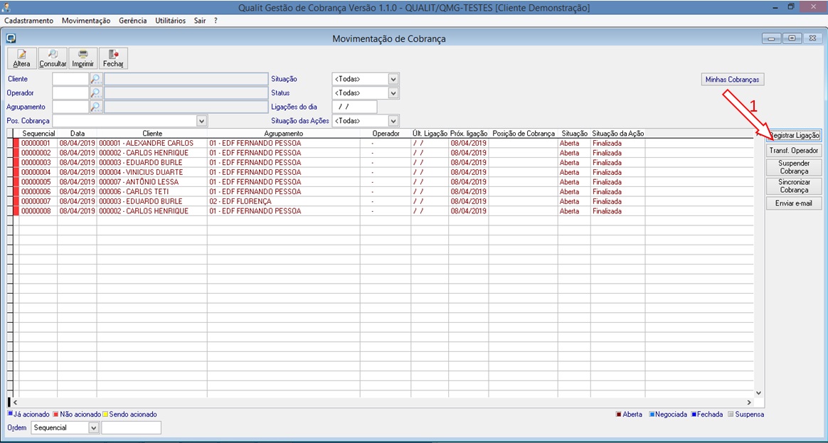 Para registrar uma ligação você deve acessar o seguinte menu: Movimentação | Cobrança | Registrar ligação | Iniciar ligação: