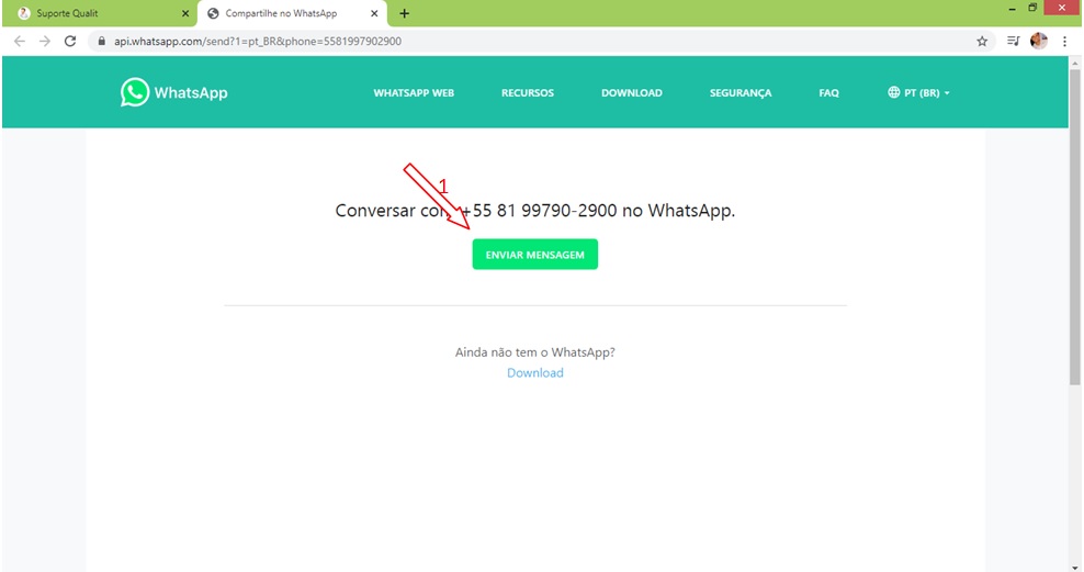 Escolhendo a opção de atendimento via WhatsApp, o site vai direcionar você para a seguinte página: