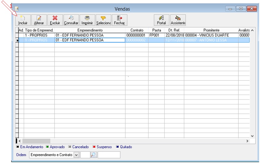 Movimentação | Vendas | Contrato | Incluir: