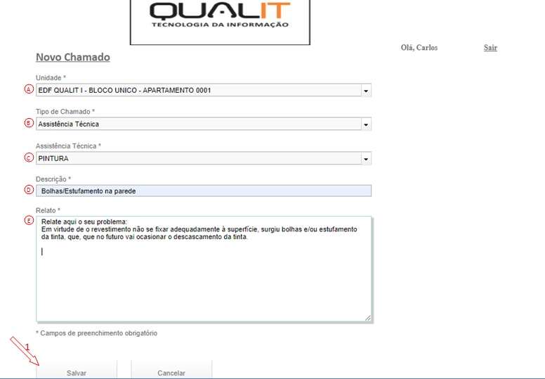 Clicando em <Novo Chamado> O sistema vai abrir a seguinte tela:
