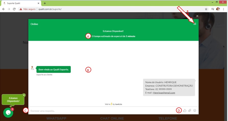 Em seguida cliente em iniciar Chat, o sistema vai apresentar a seguinte tela: