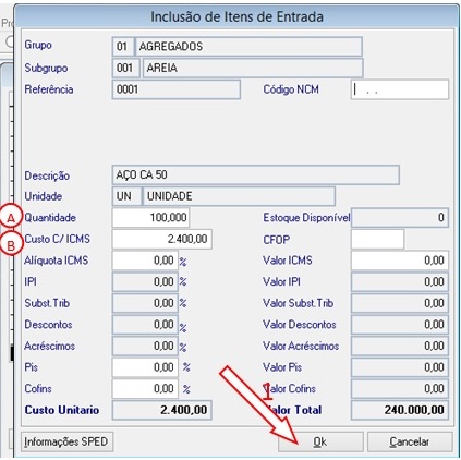 Observação: Para receber parcialmente um item, você clique no botão G: