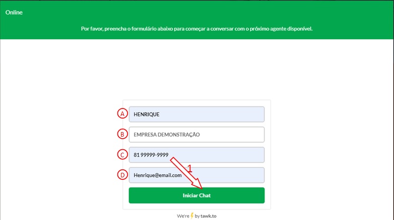 Clicando na seta do Chat OnLine o site vai direcionar você para a seguinte página: