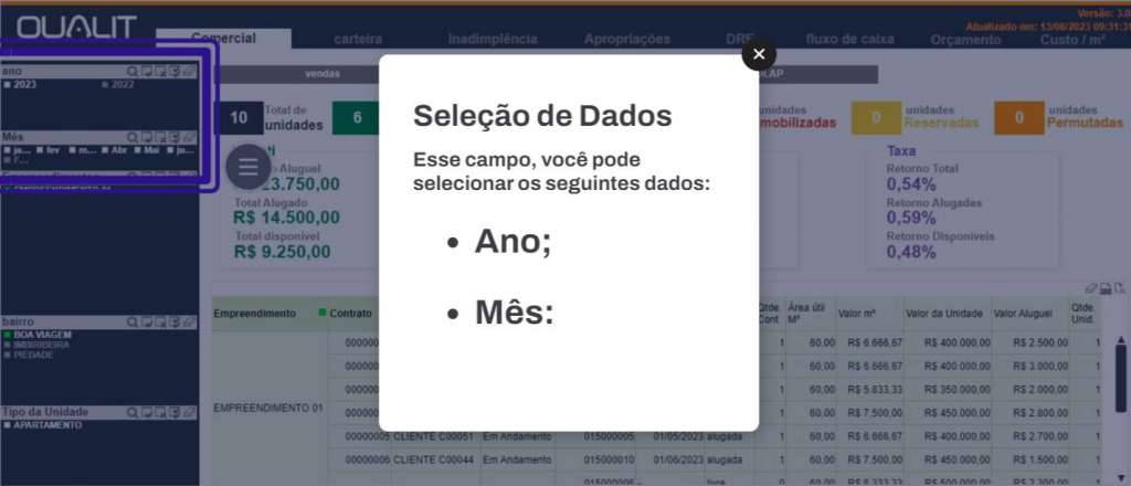 Nesse local, o usuário pode selecionar os dados de mês e ano, a partir dessa seleção o sistema carrega os dados