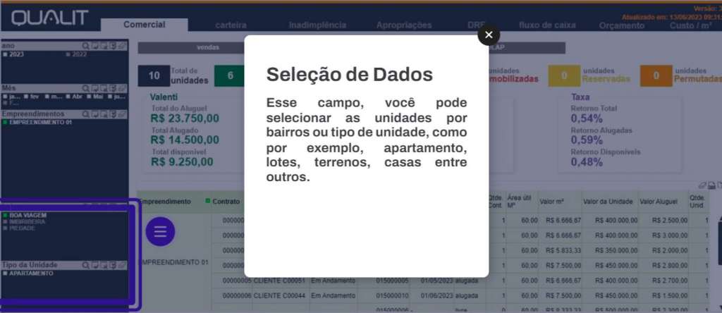 Nesse local, o usuário pode selecionar os dados de um ou vários bairros, tipo de unidades, apartamentos, terrenos, lotes,