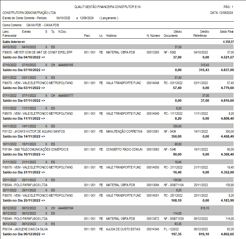 Relatório de Extrato Bancário. - Clicando em <OK>, o relatório é apresentado: